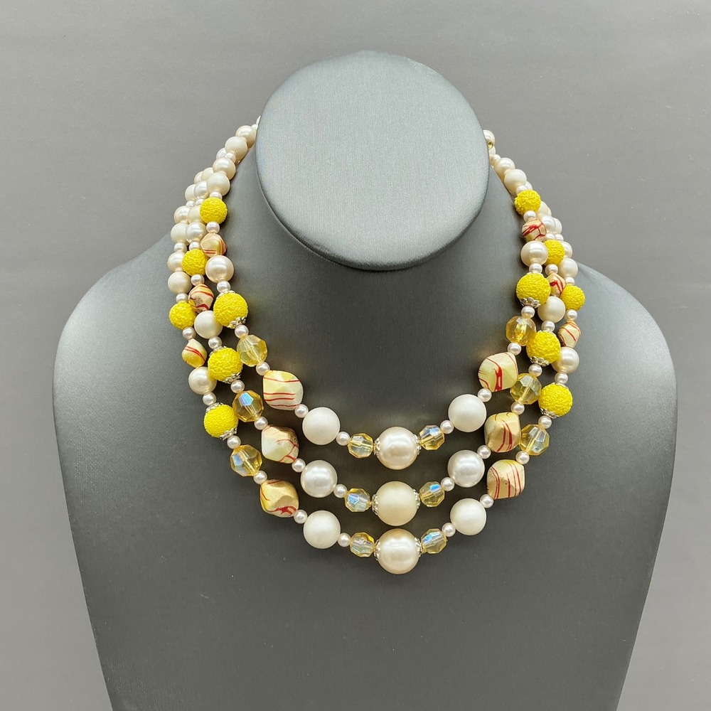 Japan Faux Pearl Beaded Necklace Women Yellow Multi Strand Vintage Gold Tone